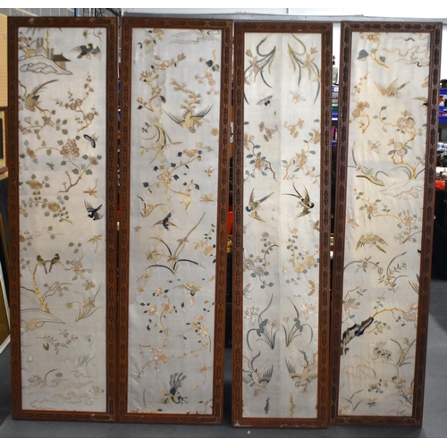 1103 - A LOVELY LARGE SET OF FOUR 19TH CENTURY CHINESE SILK EMBROIDERED PANELS Qing, within fine quality ca... 