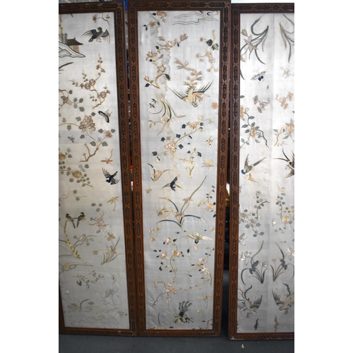 1103 - A LOVELY LARGE SET OF FOUR 19TH CENTURY CHINESE SILK EMBROIDERED PANELS Qing, within fine quality ca... 