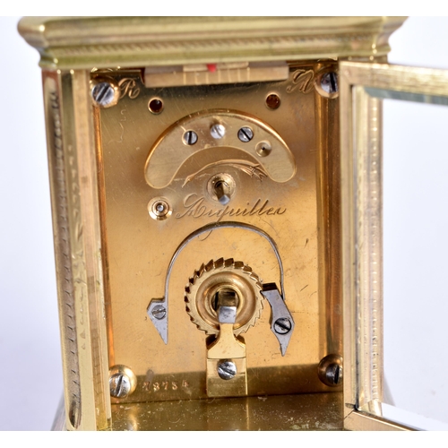 1104 - A MINIATURE ANTIQUE FRENCH CARRIAGE CLOCK within fitted leather case. 9 cm high inc handle.