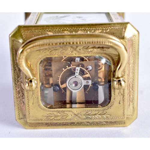 1104 - A MINIATURE ANTIQUE FRENCH CARRIAGE CLOCK within fitted leather case. 9 cm high inc handle.