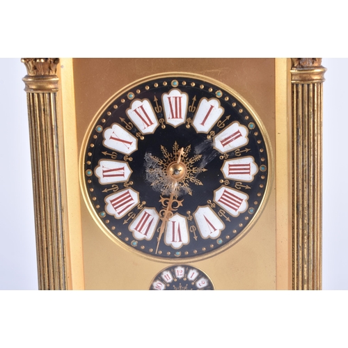 1105 - AN ANTIQUE FRENCH ENAMELLED REPEATING BRASS CARRIAGE CLOCK. 18 cm high inc handle.