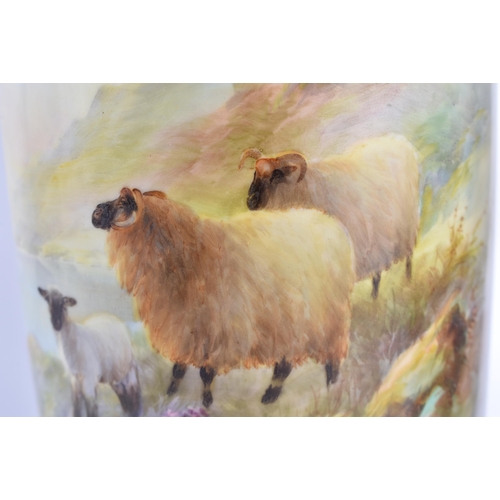 1106 - A PAIR OF ROYAL WORCESTER HARRY DAVIS PORCELAIN VASES painted with highland sheep. 22.5 cm high.