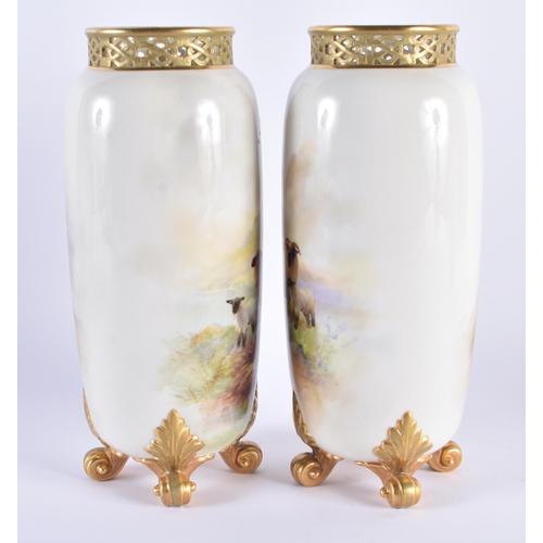 1106 - A PAIR OF ROYAL WORCESTER HARRY DAVIS PORCELAIN VASES painted with highland sheep. 22.5 cm high.