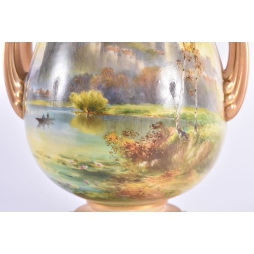 1107 - A LARGE ROYAL WORCESTER HARRY DAVIS PORCELAIN VASE painted with a castle before a lake. 28 cm high.