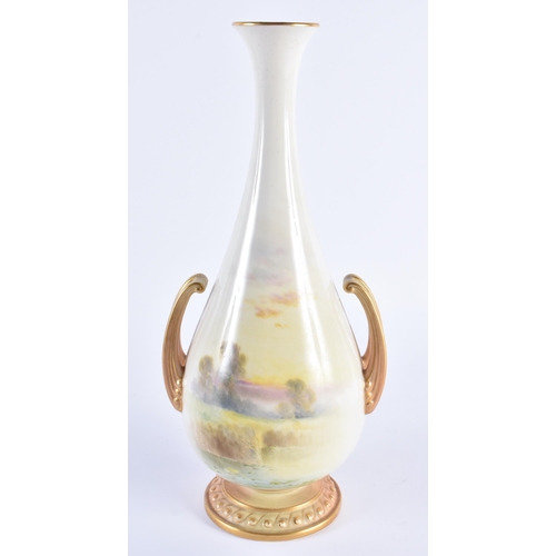 1107 - A LARGE ROYAL WORCESTER HARRY DAVIS PORCELAIN VASE painted with a castle before a lake. 28 cm high.