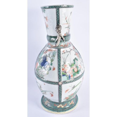 1108 - A LARGE 19TH CENTURY CHINESE FAMILLE VERTE TWIN HANDLED PORCELAIN VASE Kangxi style. 36 cm x 22 cm.