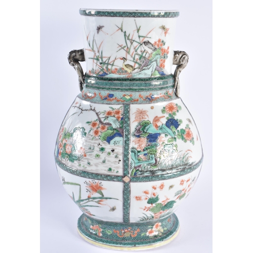 1108 - A LARGE 19TH CENTURY CHINESE FAMILLE VERTE TWIN HANDLED PORCELAIN VASE Kangxi style. 36 cm x 22 cm.