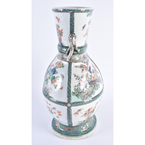 1108 - A LARGE 19TH CENTURY CHINESE FAMILLE VERTE TWIN HANDLED PORCELAIN VASE Kangxi style. 36 cm x 22 cm.