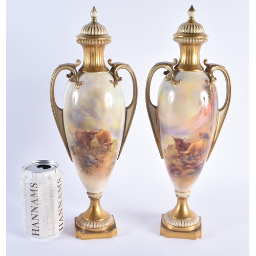 1109 - A FINE PAIR OF ROYAL WORCESTER HARRY STINTON PORCELAIN VASE by Harry Stinton. 36 cm high.