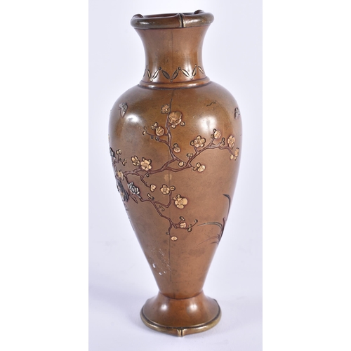 1137 - A 19TH CENTURY JAPANESE MEIJI PERIOD BRONZE SILVER ONLAID VASE decorated with flowers. 15.5 cm high.