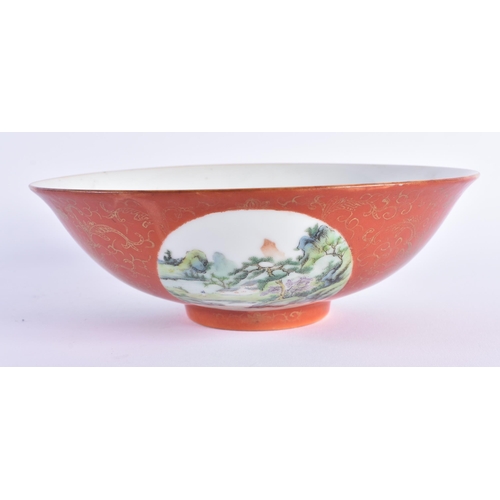 1139 - A CHINESE QING DYNASTY CORAL GROUND PORCELAIN LANDSCAPE BOWL Qianlong mark and possibly of the perio... 