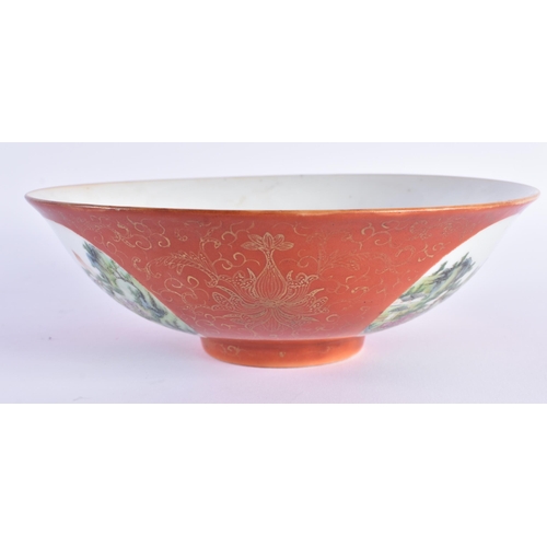 1139 - A CHINESE QING DYNASTY CORAL GROUND PORCELAIN LANDSCAPE BOWL Qianlong mark and possibly of the perio... 