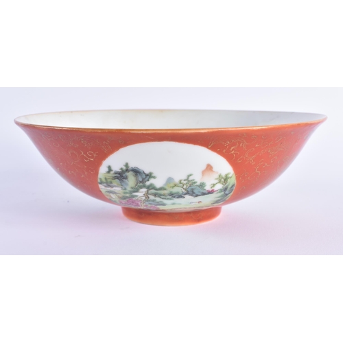 1139 - A CHINESE QING DYNASTY CORAL GROUND PORCELAIN LANDSCAPE BOWL Qianlong mark and possibly of the perio... 