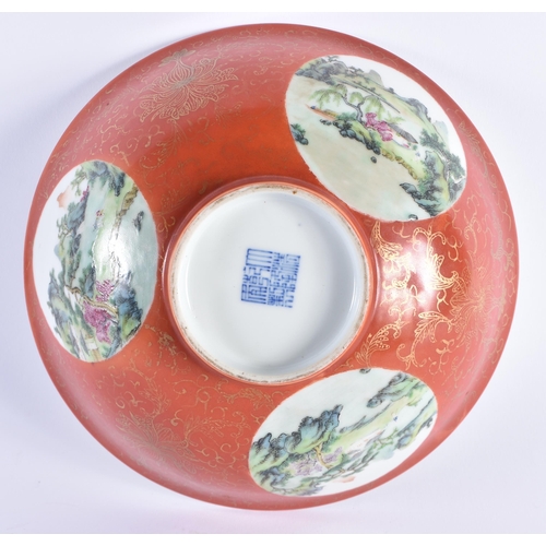 1139 - A CHINESE QING DYNASTY CORAL GROUND PORCELAIN LANDSCAPE BOWL Qianlong mark and possibly of the perio... 