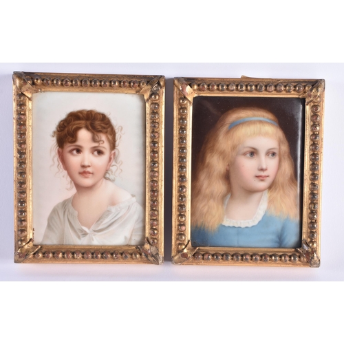 1140 - Mid 19th century German pair of plaques of two young ladies in matching gilt frames. 13 cm x 10 cm.