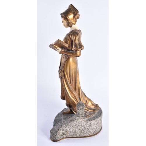 1144 - French School (C1910) Bronze, Female with book, marble base. 34 cm high.