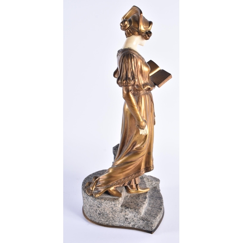 1144 - French School (C1910) Bronze, Female with book, marble base. 34 cm high.