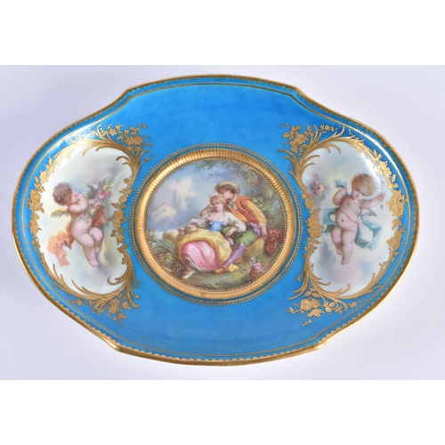 1147 - Sevres dish each of lobed form with bleu celeste grounds painted centrally with classical lovers aft... 