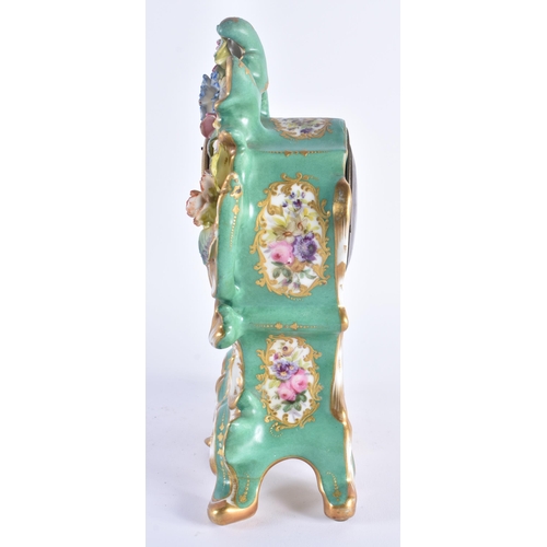 1154 - A 19TH CENTURY FRENCH PARIS PORCELAIN MANTEL CLOCK painted with flowers on a green ground. 27 cm x 1... 