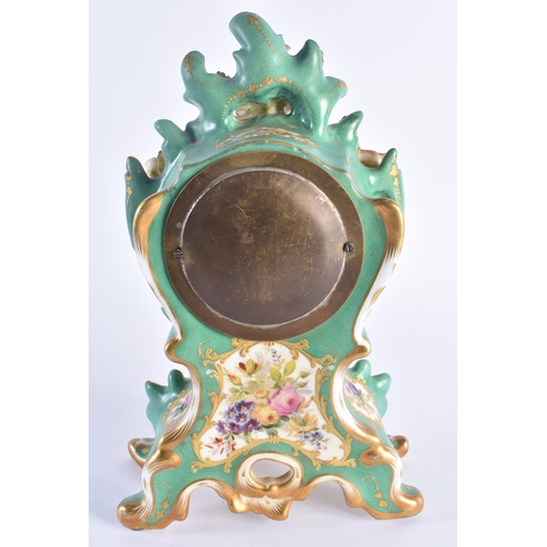 1154 - A 19TH CENTURY FRENCH PARIS PORCELAIN MANTEL CLOCK painted with flowers on a green ground. 27 cm x 1... 