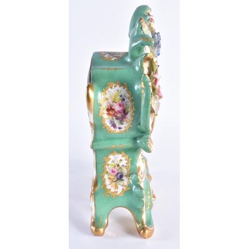 1154 - A 19TH CENTURY FRENCH PARIS PORCELAIN MANTEL CLOCK painted with flowers on a green ground. 27 cm x 1... 