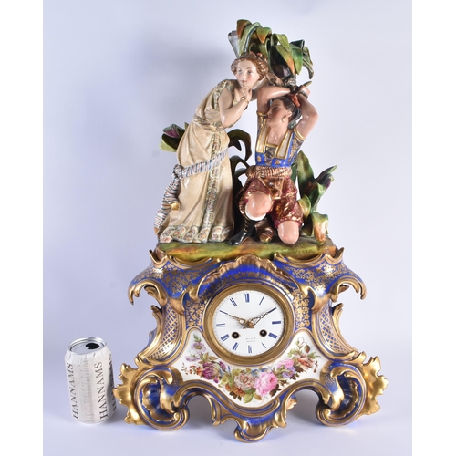 1155 - A FINE LARGE 19TH CENTURY FRENCH PARIS PORCELAIN MANTEL CLOCK formed with a slave figure beside anot... 