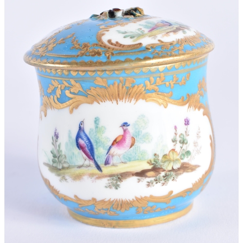 1157 - 18th century Sevres custard cup and cover painted with landscapes of birds in the style of Angcle, t... 