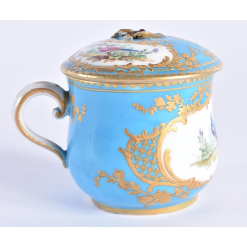 1157 - 18th century Sevres custard cup and cover painted with landscapes of birds in the style of Angcle, t... 