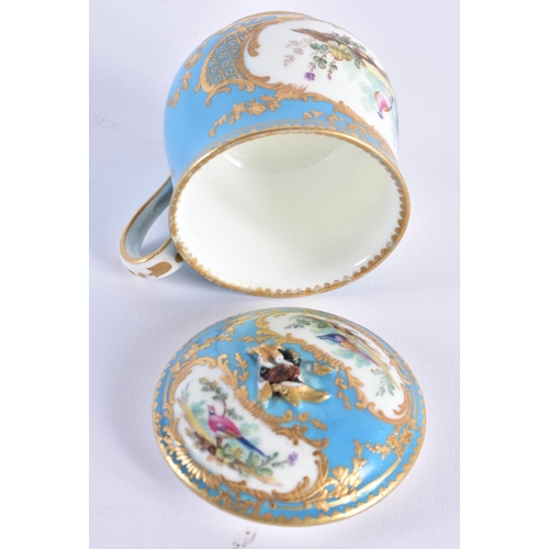 1157 - 18th century Sevres custard cup and cover painted with landscapes of birds in the style of Angcle, t... 