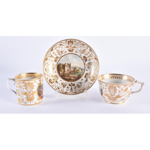 1159 - AN EARLY 19TH CENTURY DERBY PORCELAIN TRIO painted with views of Nottingham, Northumberland & German... 