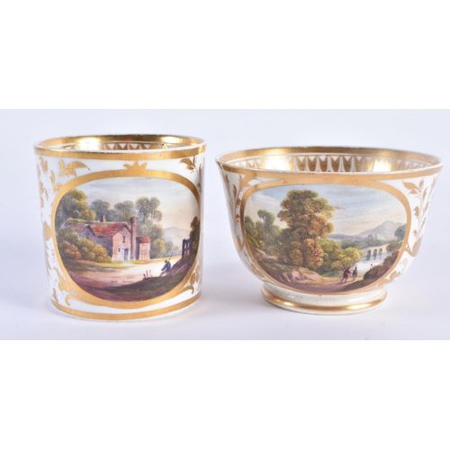 1159 - AN EARLY 19TH CENTURY DERBY PORCELAIN TRIO painted with views of Nottingham, Northumberland & German... 