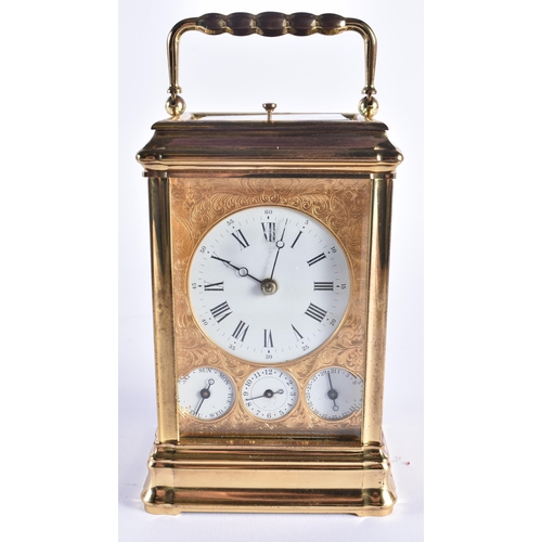 1166 - AN ANTIQUE FRENCH TRIPLE DIAL REPEATING BRASS CARRIAGE CLOCK. 18 cm high inc handle.