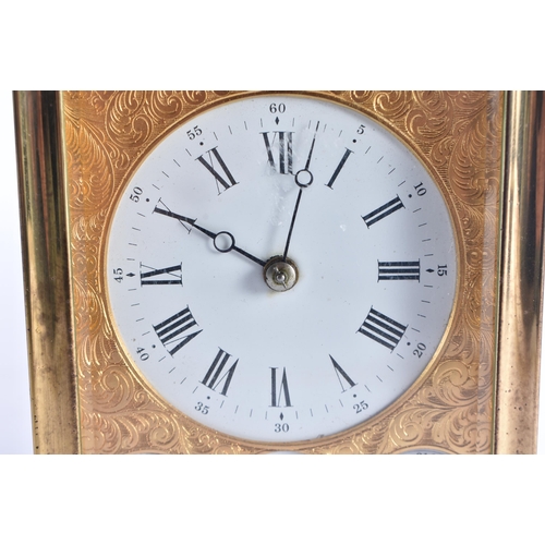 1166 - AN ANTIQUE FRENCH TRIPLE DIAL REPEATING BRASS CARRIAGE CLOCK. 18 cm high inc handle.