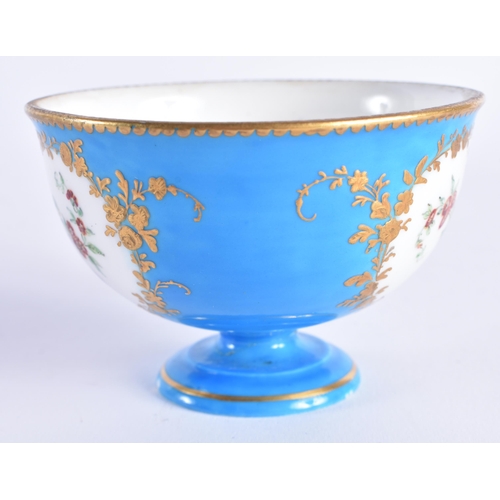 1195 - Late 18th century Sevres small footed bowl, painted with two large panels of flowers reserved in rai... 