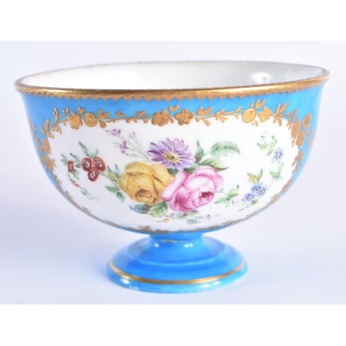 1195 - Late 18th century Sevres small footed bowl, painted with two large panels of flowers reserved in rai... 