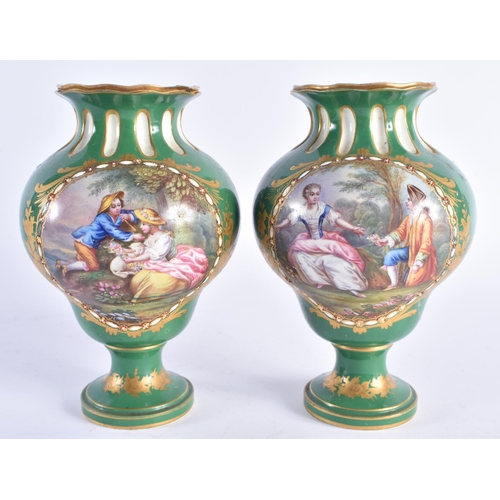 1196 - 19th century Sevres style pair of vases with apple green ground each having a jewelled panel depicti... 