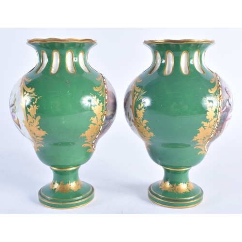 1196 - 19th century Sevres style pair of vases with apple green ground each having a jewelled panel depicti... 