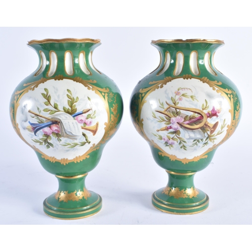 1196 - 19th century Sevres style pair of vases with apple green ground each having a jewelled panel depicti... 