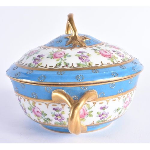 1204 - 19th century Paris porcelain handled bowl and cover painted with roses under turquoise borders. 18 c... 