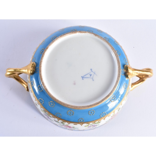 1204 - 19th century Paris porcelain handled bowl and cover painted with roses under turquoise borders. 18 c... 