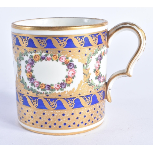 1206 - Late 18th century Sevres large coffee can painted with wreaths of flowers and ornately gilded on a c... 