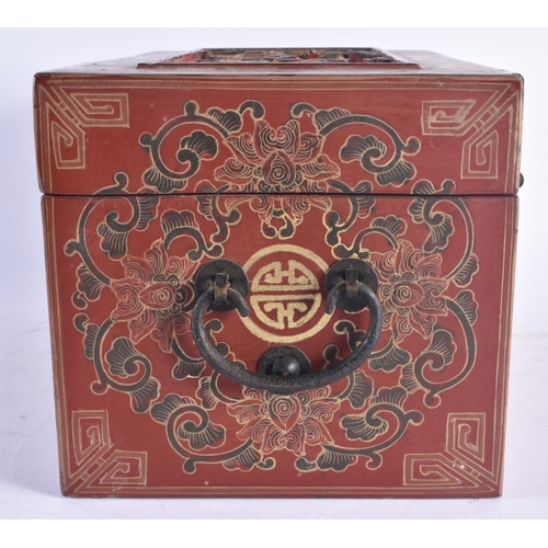 1208 - A 19TH CENTURY CHINESE RED LACQUER CARVED WOOD CASKET Qing. 30 cm x 18 cm x 18 cm.