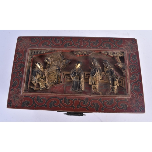 1208 - A 19TH CENTURY CHINESE RED LACQUER CARVED WOOD CASKET Qing. 30 cm x 18 cm x 18 cm.