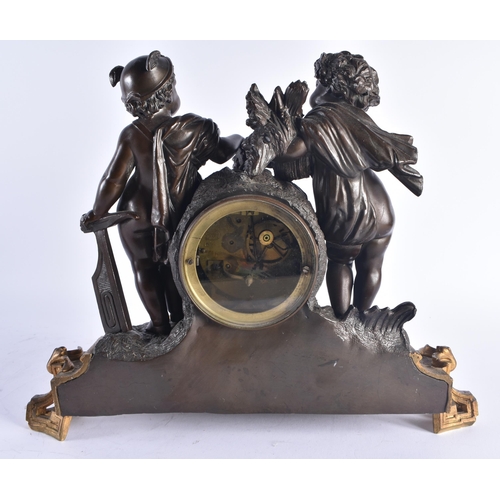 1219 - A 19TH CENTURY FRENCH BRONZE MANTEL CLOCK decorated with foliage, formed with two putti. 32 cm x 30 ... 