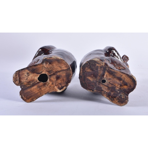 1243 - A PAIR OF 19TH CENTURY CHINESE BROWN GLAZED STONEWARE MONKEY INCENSE BURNERS. 17 cm high.