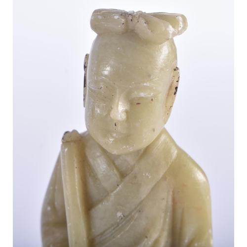 1248 - TWO 19TH CENTURY CHINESE CARVED SOAPSTONE FIGURES together with a jade chicken. Largest 13 cm high. ... 