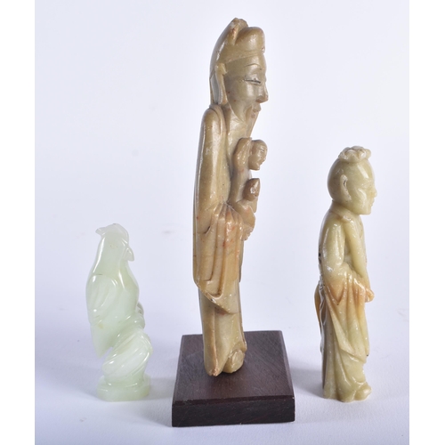 1248 - TWO 19TH CENTURY CHINESE CARVED SOAPSTONE FIGURES together with a jade chicken. Largest 13 cm high. ... 