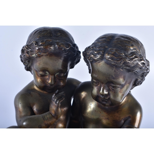 1255 - A LARGE 19TH CENTURY FRENCH BRONZE MANTEL CLOCK formed with two children. 38 cm x 42 cm.