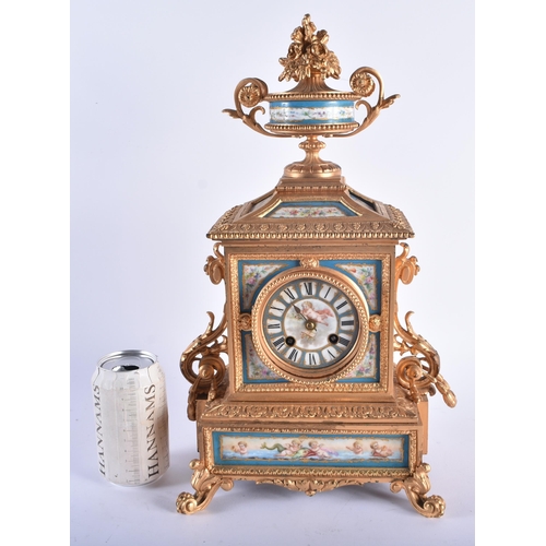 1256 - A LARGE 19TH CENTURY FRENCH BRONZE AND SEVRES PORCELAIN MANTEL CLOCK painted with putti. 42 cm x 22 ... 