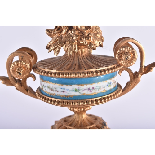 1256 - A LARGE 19TH CENTURY FRENCH BRONZE AND SEVRES PORCELAIN MANTEL CLOCK painted with putti. 42 cm x 22 ... 